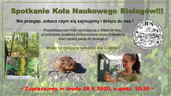 KOŁO NAUKOWE BIOLOGÓW ZAPRASZA NA SPOTKANIE ON-LINE