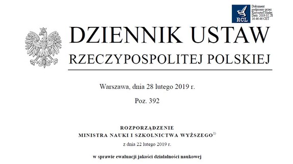  Rozporządzenie MNiSW w sprawie ewaluacji jakości działalności naukowej